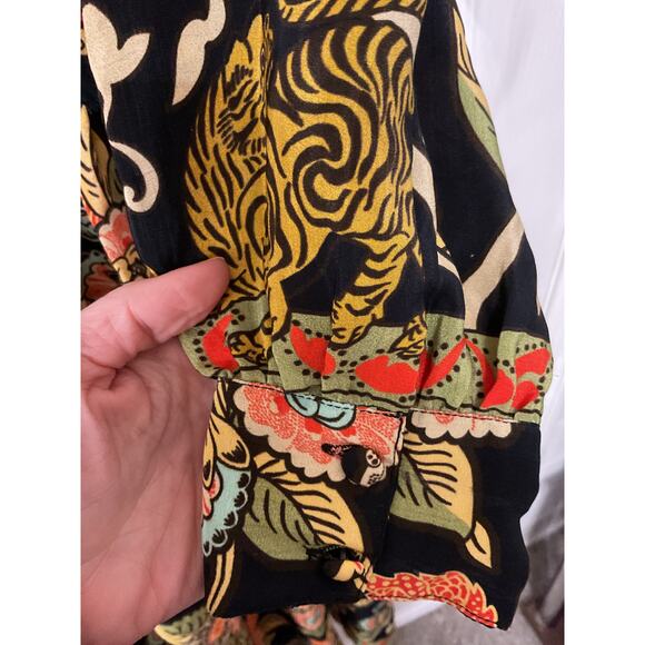 Rhode Resort 100% Silk Orange Floral Red Trim V-neck Maxi Kaftan Dress, M - Picture 5 of 9